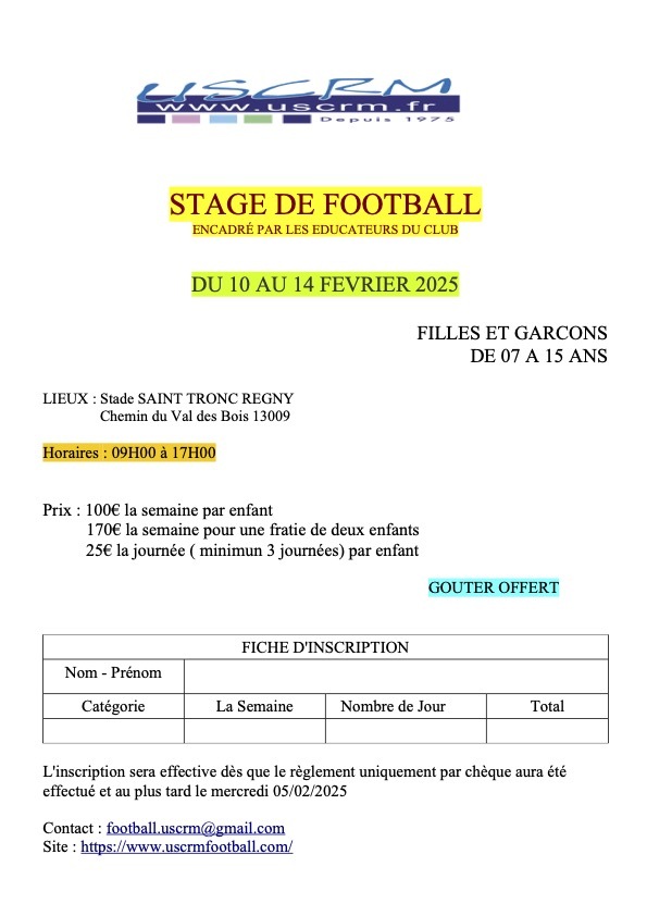 Stage de Football Vacances de Février